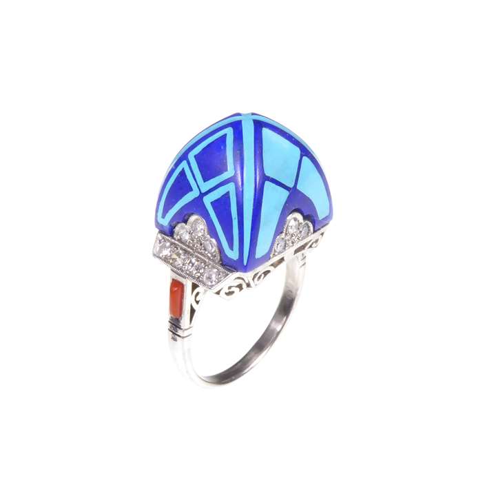 Lapis lazuli, enamel and gem set domed 'Archer' style ring